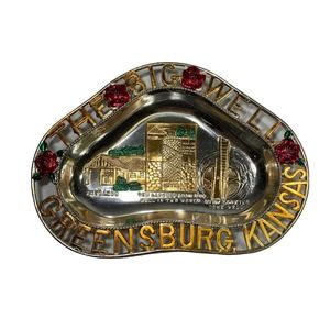 Vintage Enco Ash Tray Souvenir Metal Travel Silver-Tone Greensburg Kansas Well